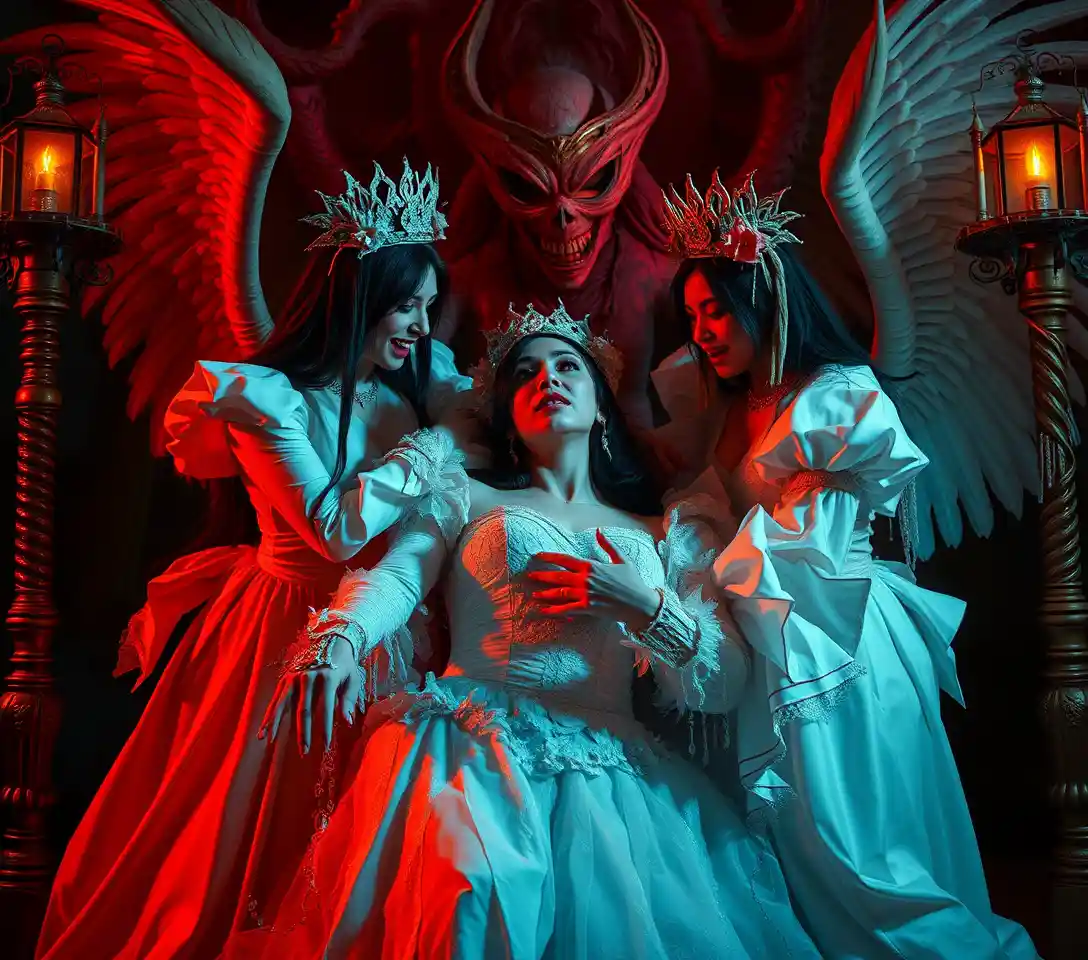 Surreal brides confronting a fallen angel in fantasy conflict