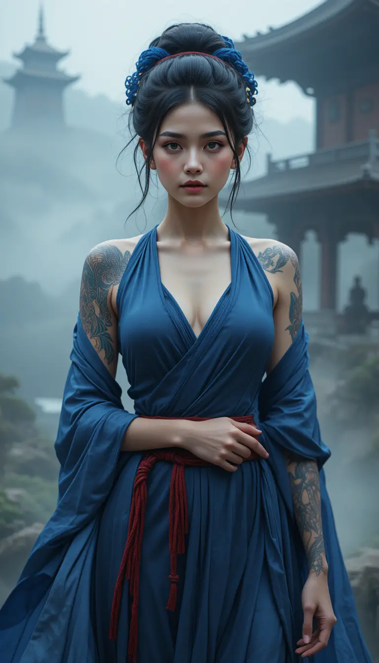 Asian woman in blue dress at misty buddhist temple