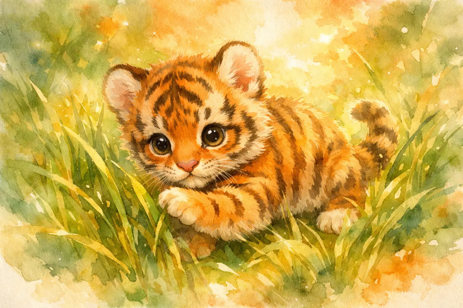 Baby tiger cub playing in soft jungle watercolor scene