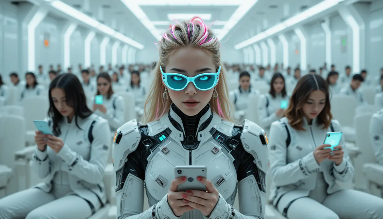 Cyberpunk fashion woman posing against neutral studio backdrop