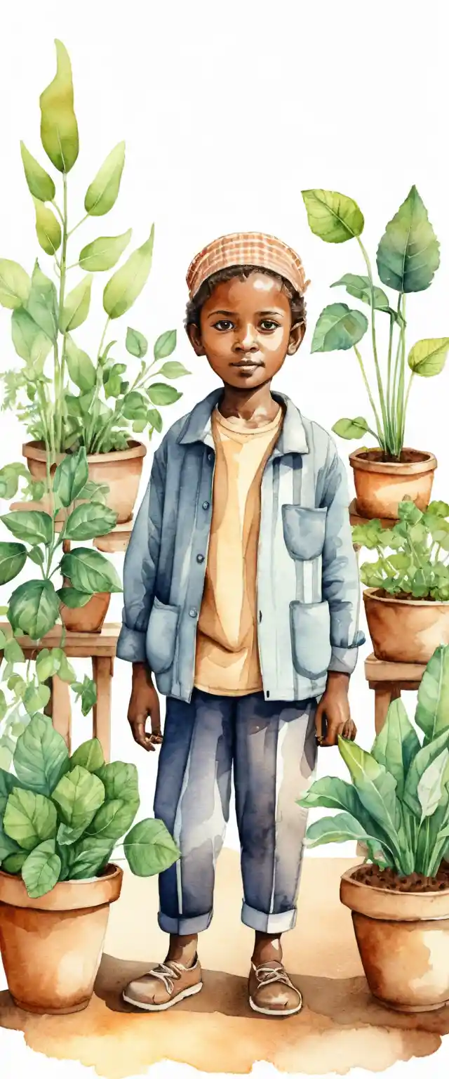 Older African man gardening in a cozy watercolor savanna