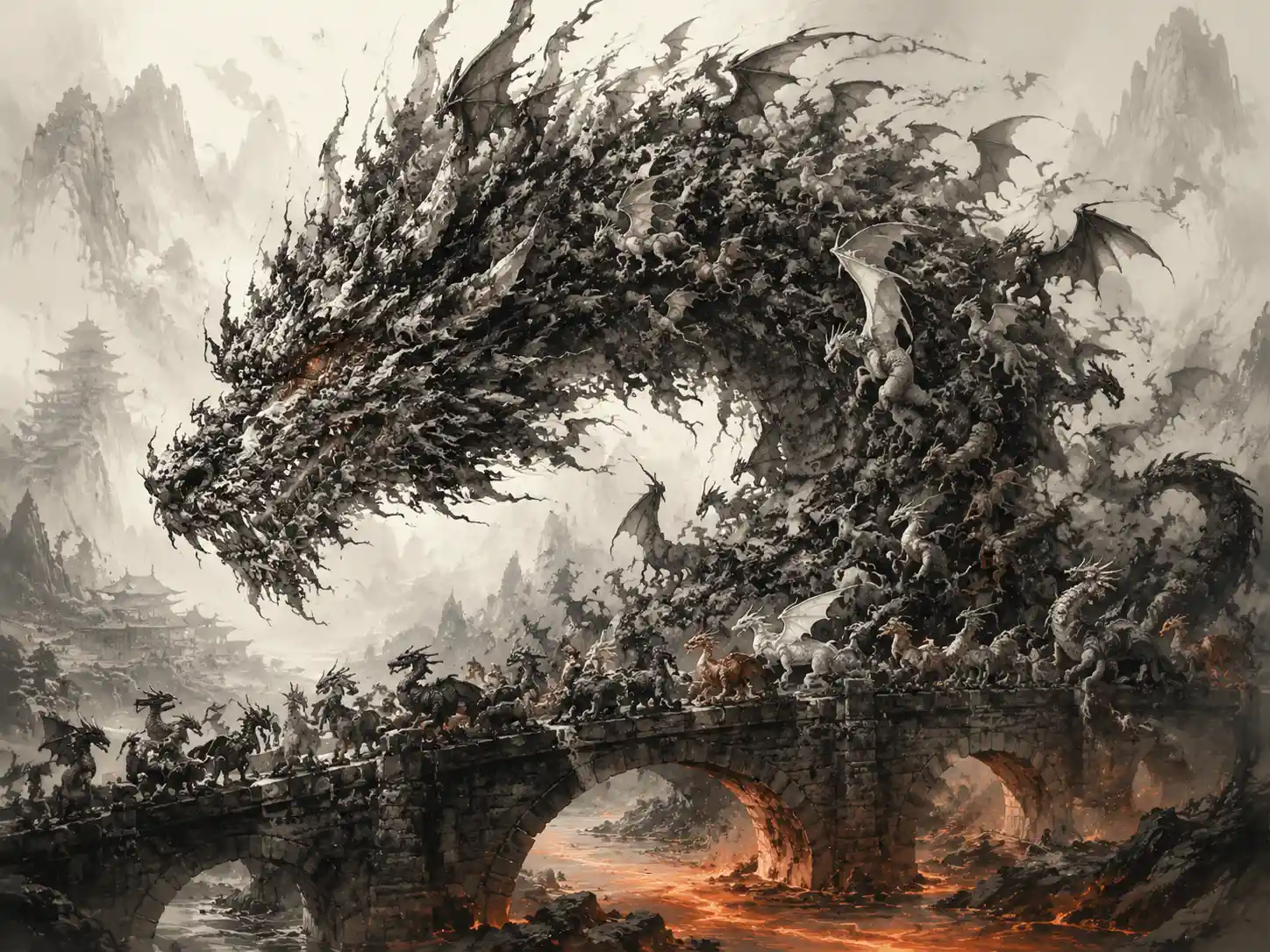 Dragão surreal de tinta em pé sobre uma ponte sobre lava
