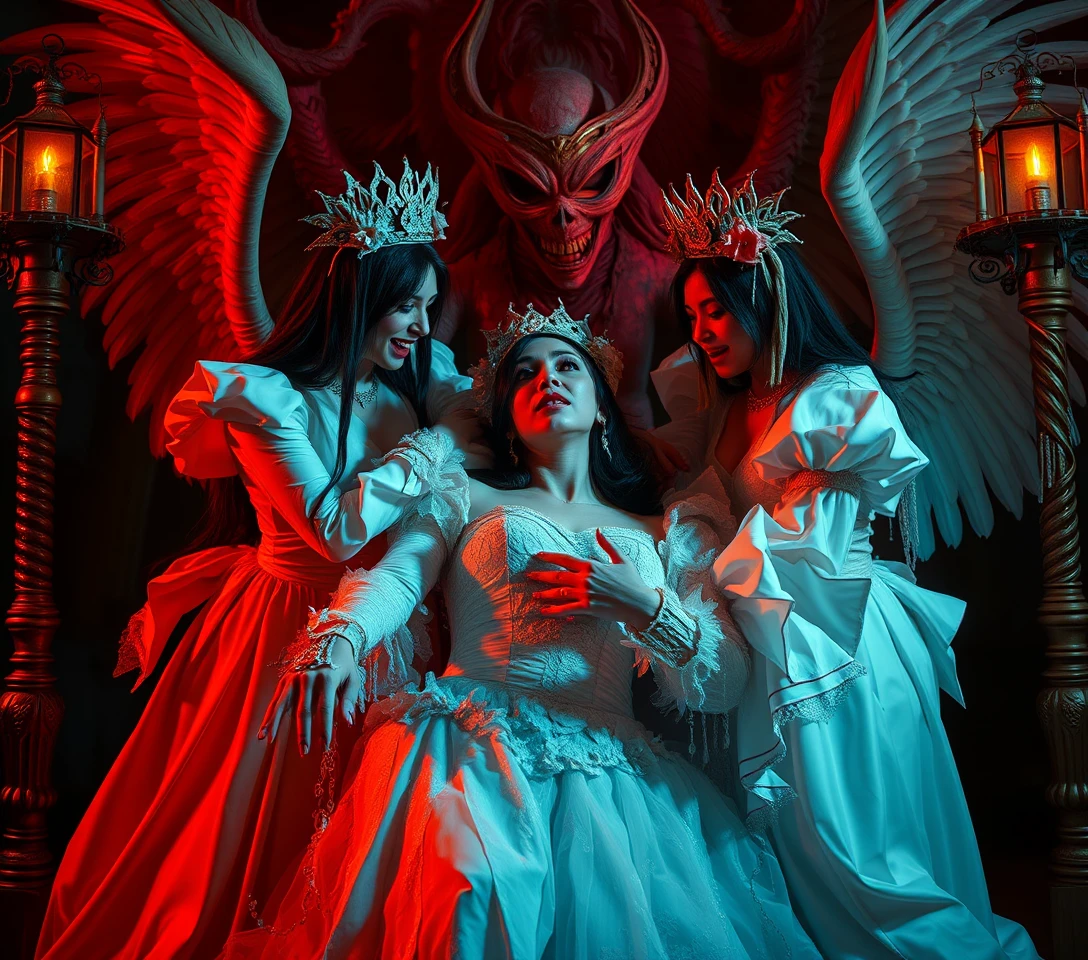 Surreal brides confronting a fallen angel in fantasy conflict