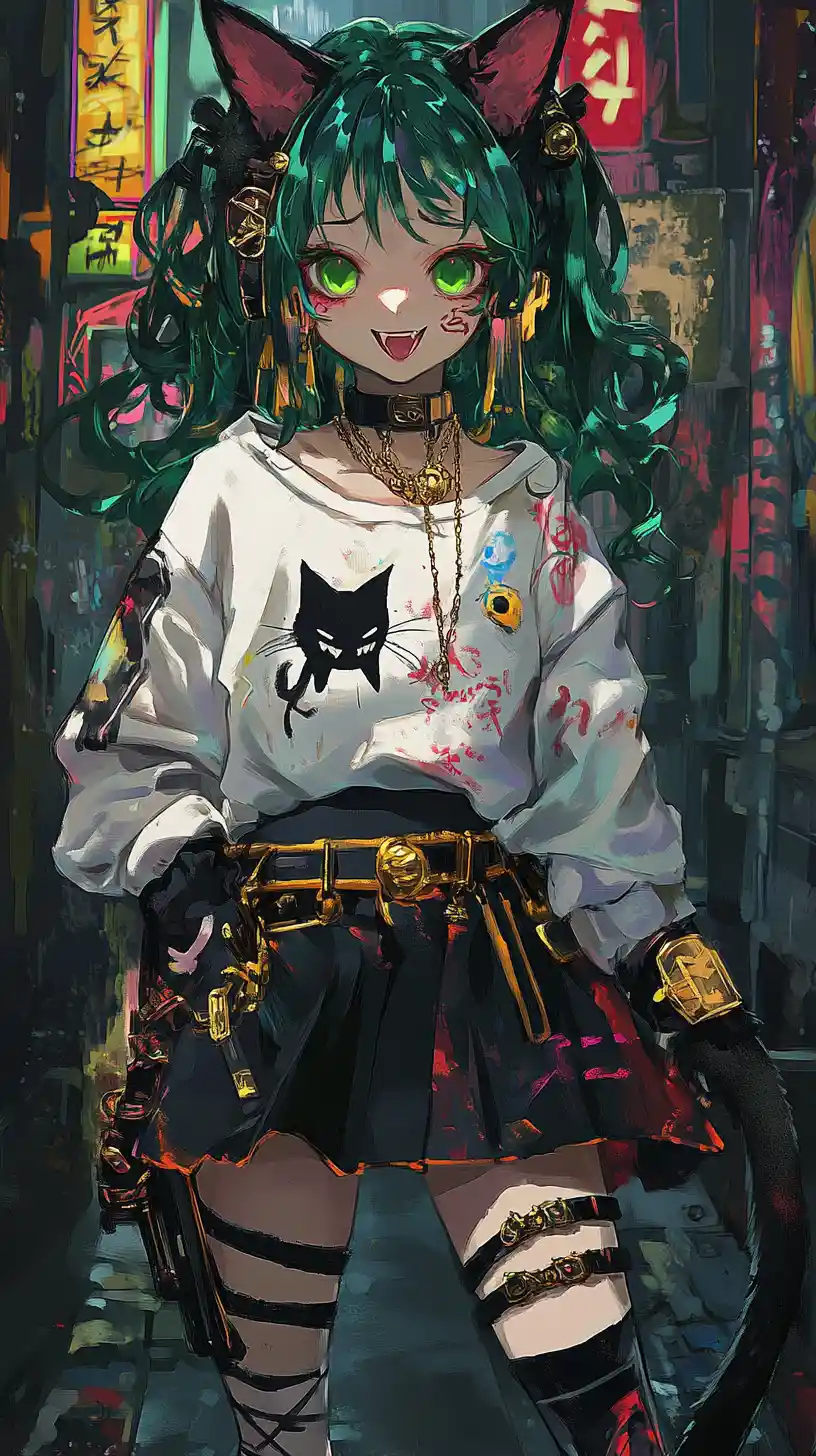 Smiling green haired anime girl with cat features in gold outfit