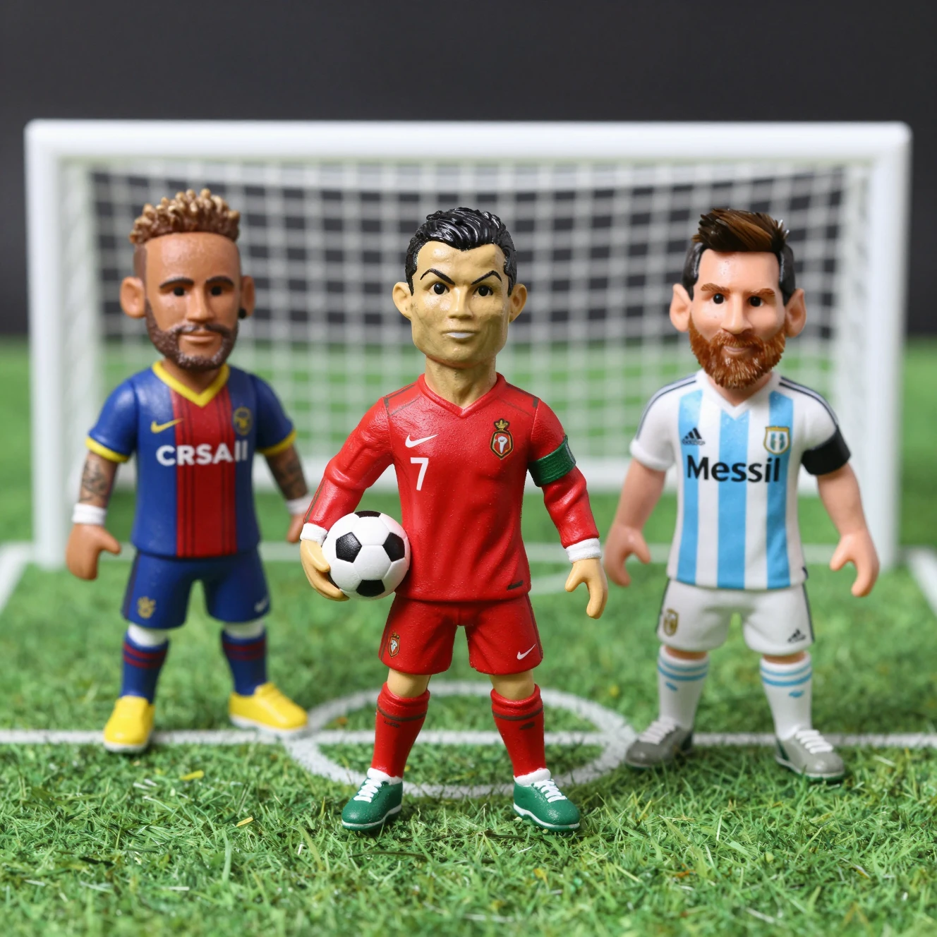 Football star figurines on a mini pitch with goal