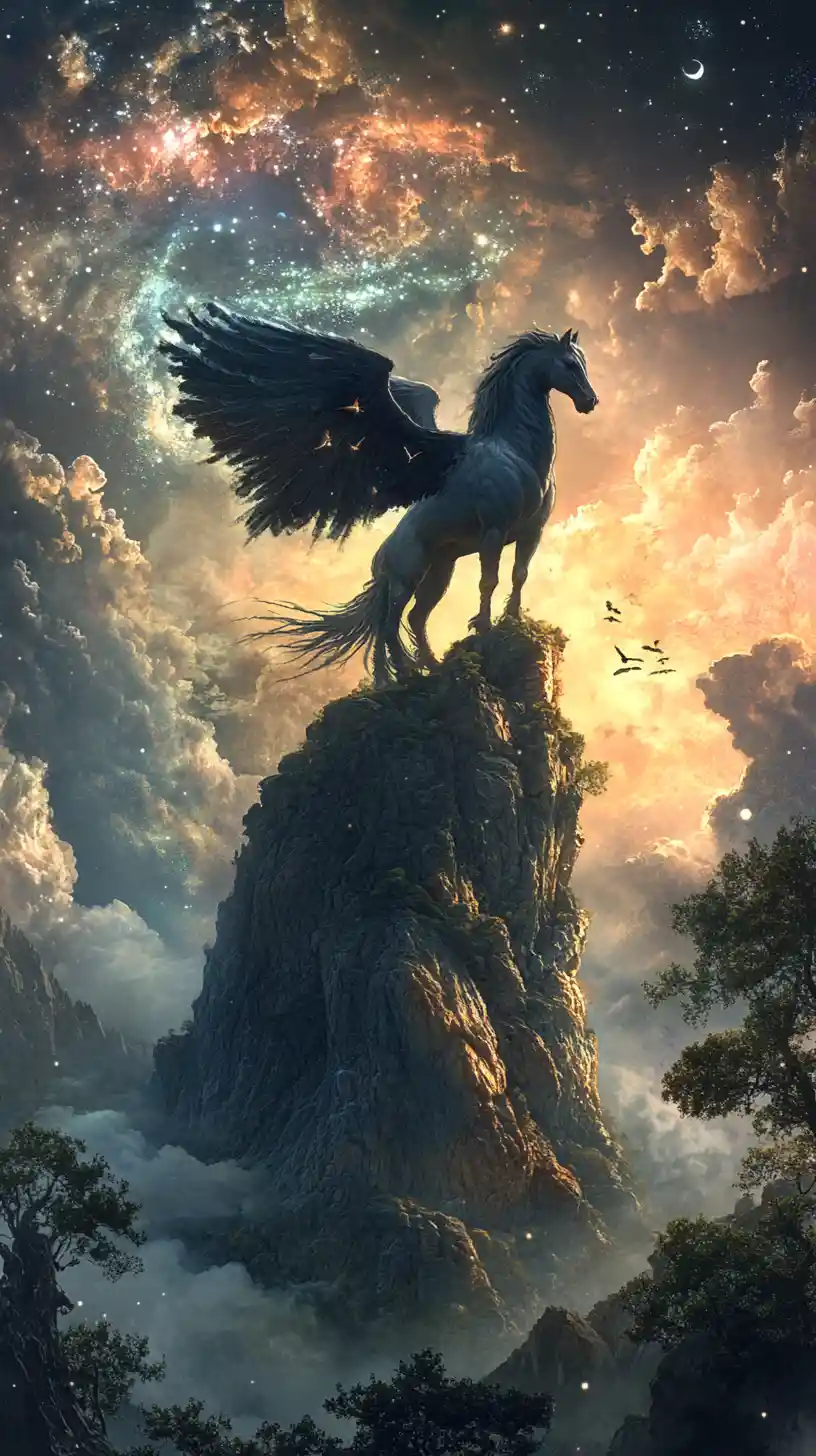 Majestic hippogriff on a misty mountain under swirling stars
