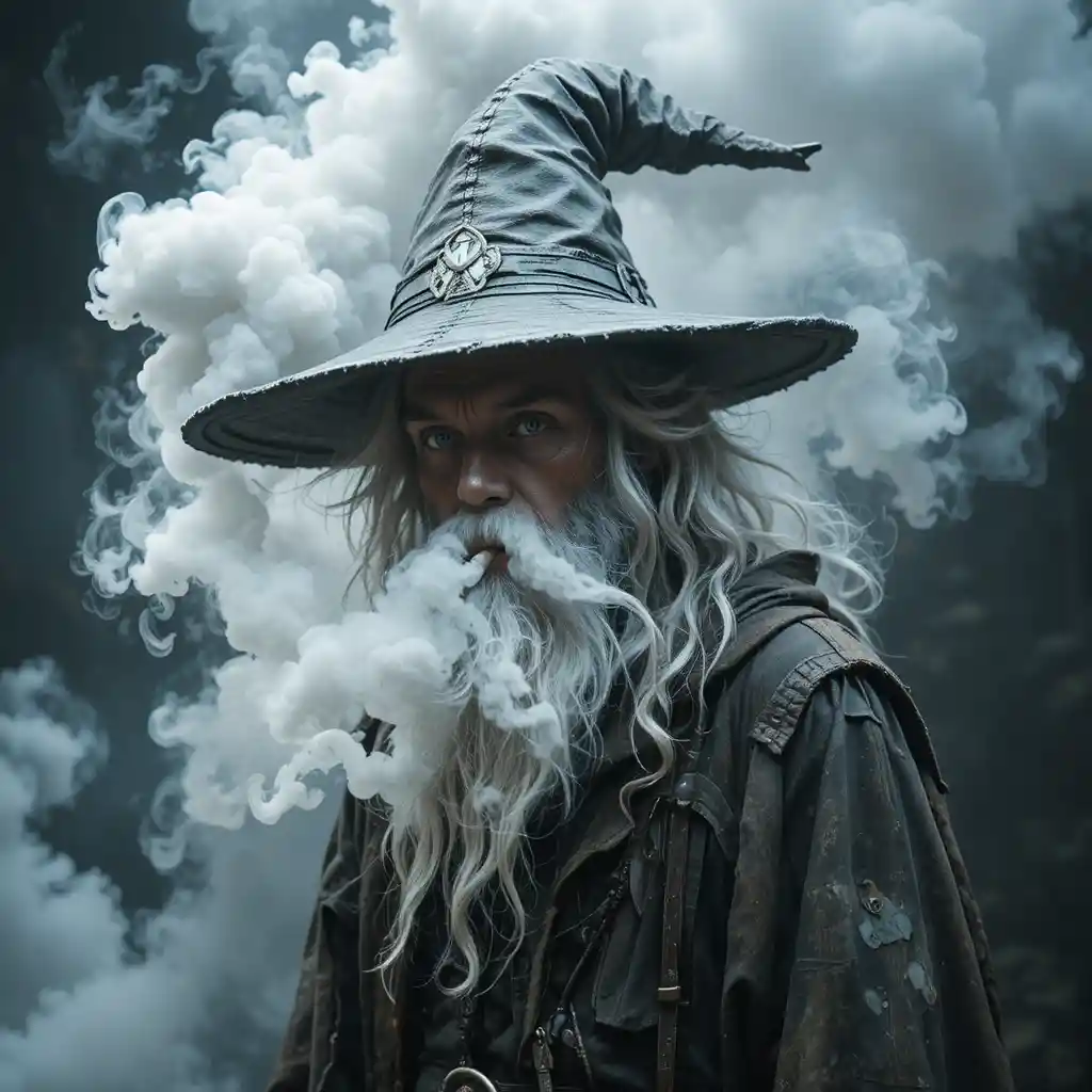 Drugged wizard smoking a joint in swirling smoke