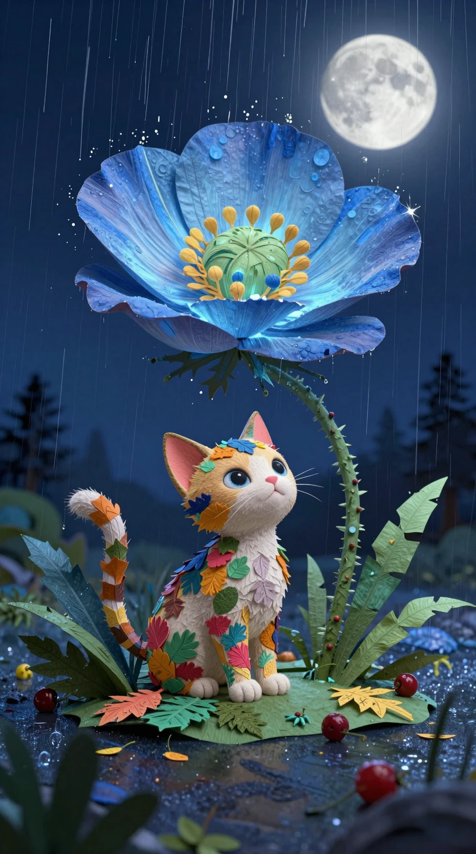 Kitten sheltering under glowing blue poppy on rainy night