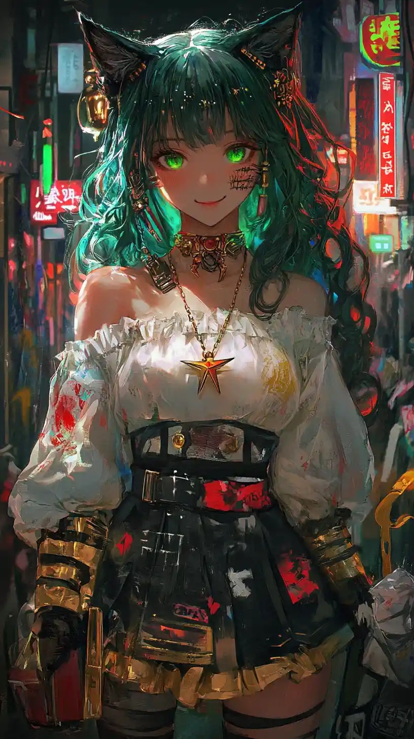 Garota gato de anime em traje dourado com detalhes mágicos
