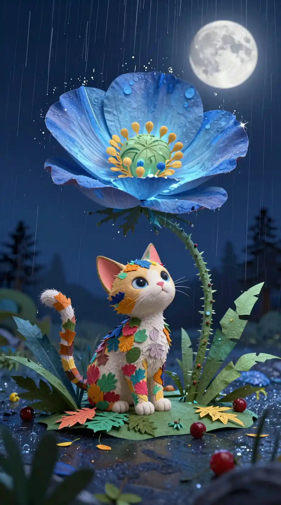 Kitten sheltering under glowing blue poppy on rainy night