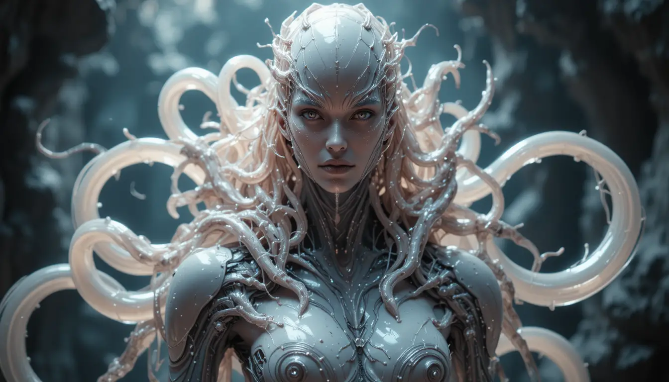 Futuristic humanoid fused with flowing living latex symbiotes