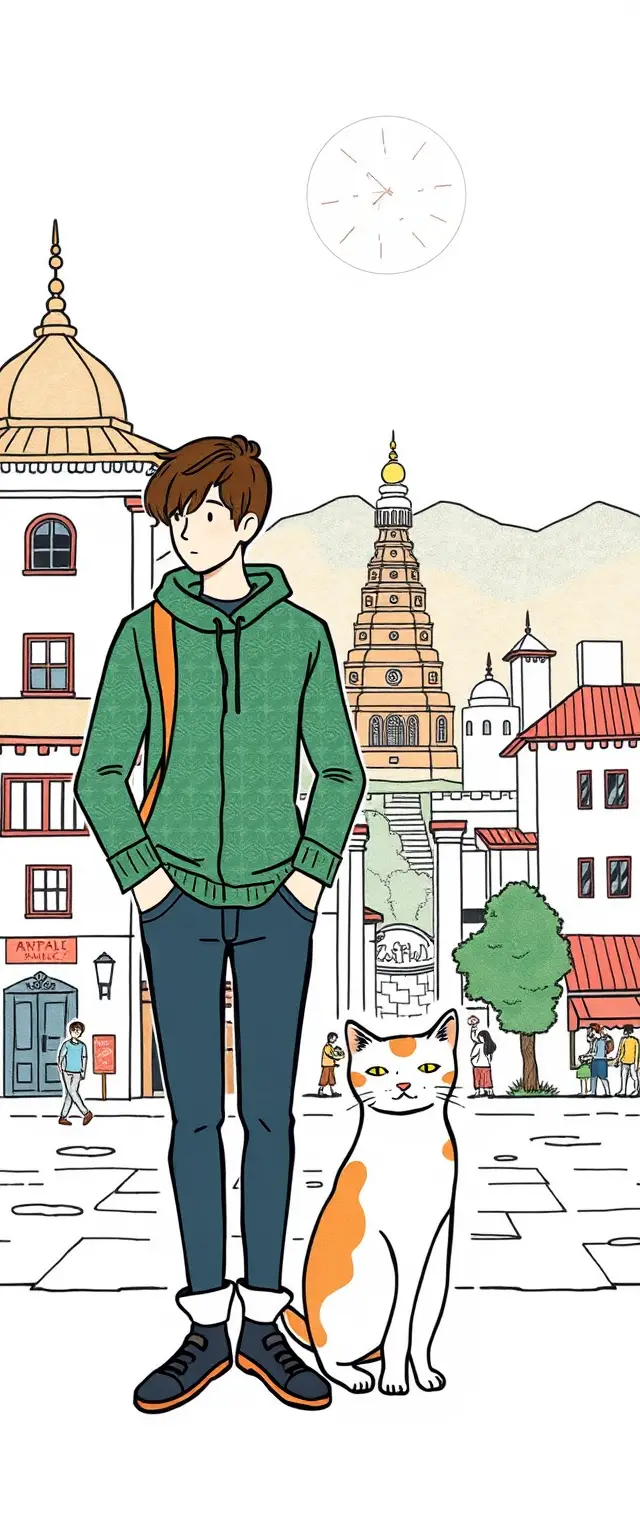 Hand drawn Kathmandu style illustration with cartoon cat