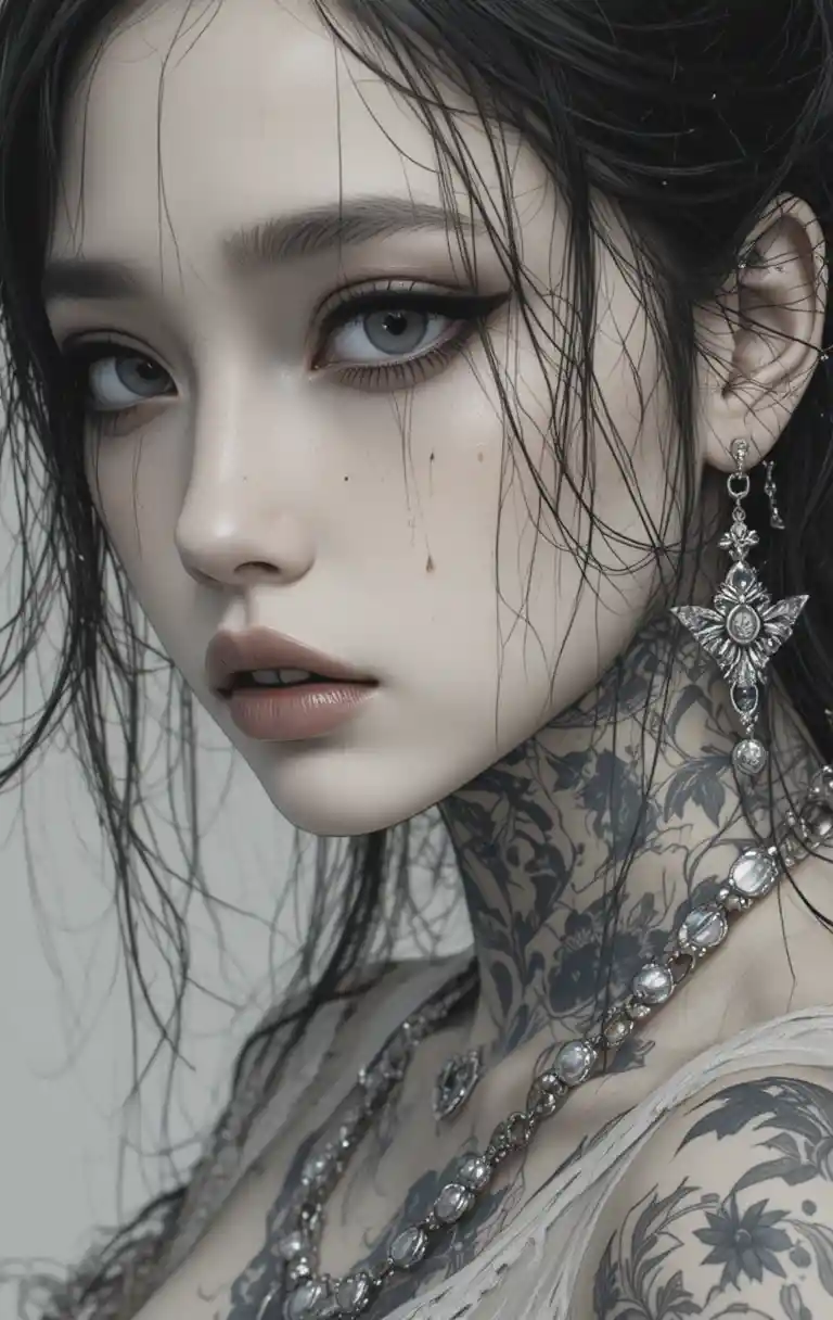 Sad tattooed girl crying black tears in fantasy drawing