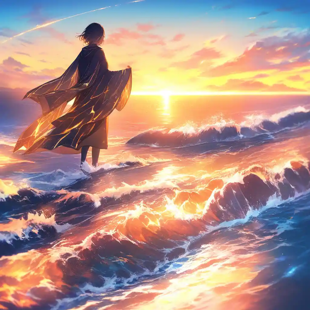Peaceful golden shoreline at sunset with gentle waves