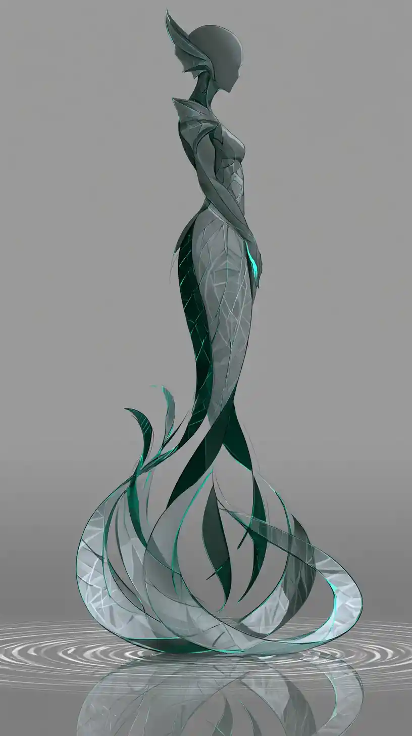 Water nymph with mirrored serpent tails in fractured reflections