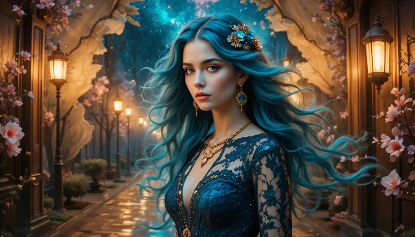 Mystical woman with teal hair in ornate lace and jewelry