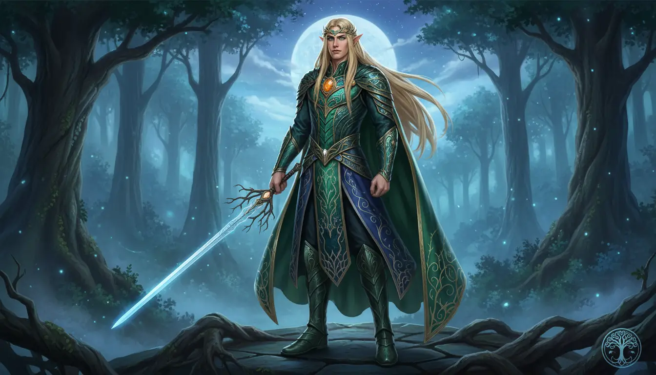 Primordial elf king with long blonde hair and sword