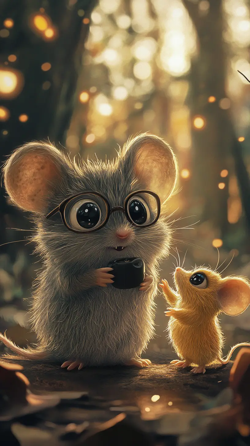 Curious cartoon mouse and tiny creature in glowing forest