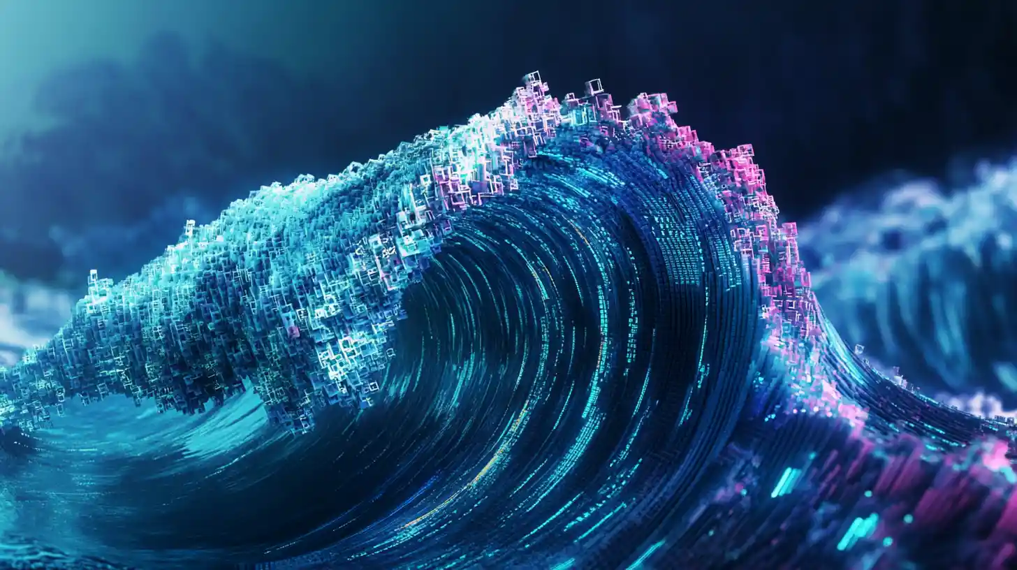 Abstract architectural wave shattering into voxels and data lines