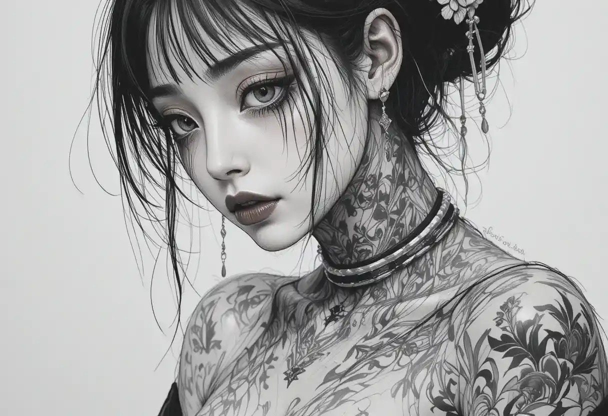 Sad Japanese girl with black tears and silver jewelry