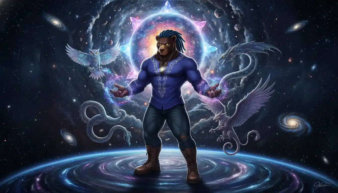 Heroic anthro bear guardian with blue hair and yellow eyes