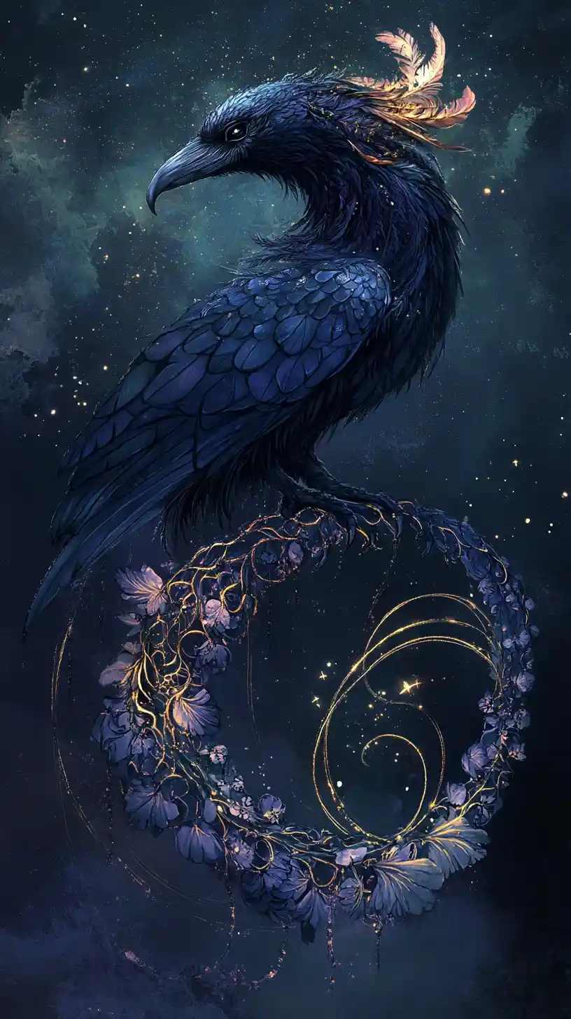 Serpentine raven headed creature drifting through cosmic void