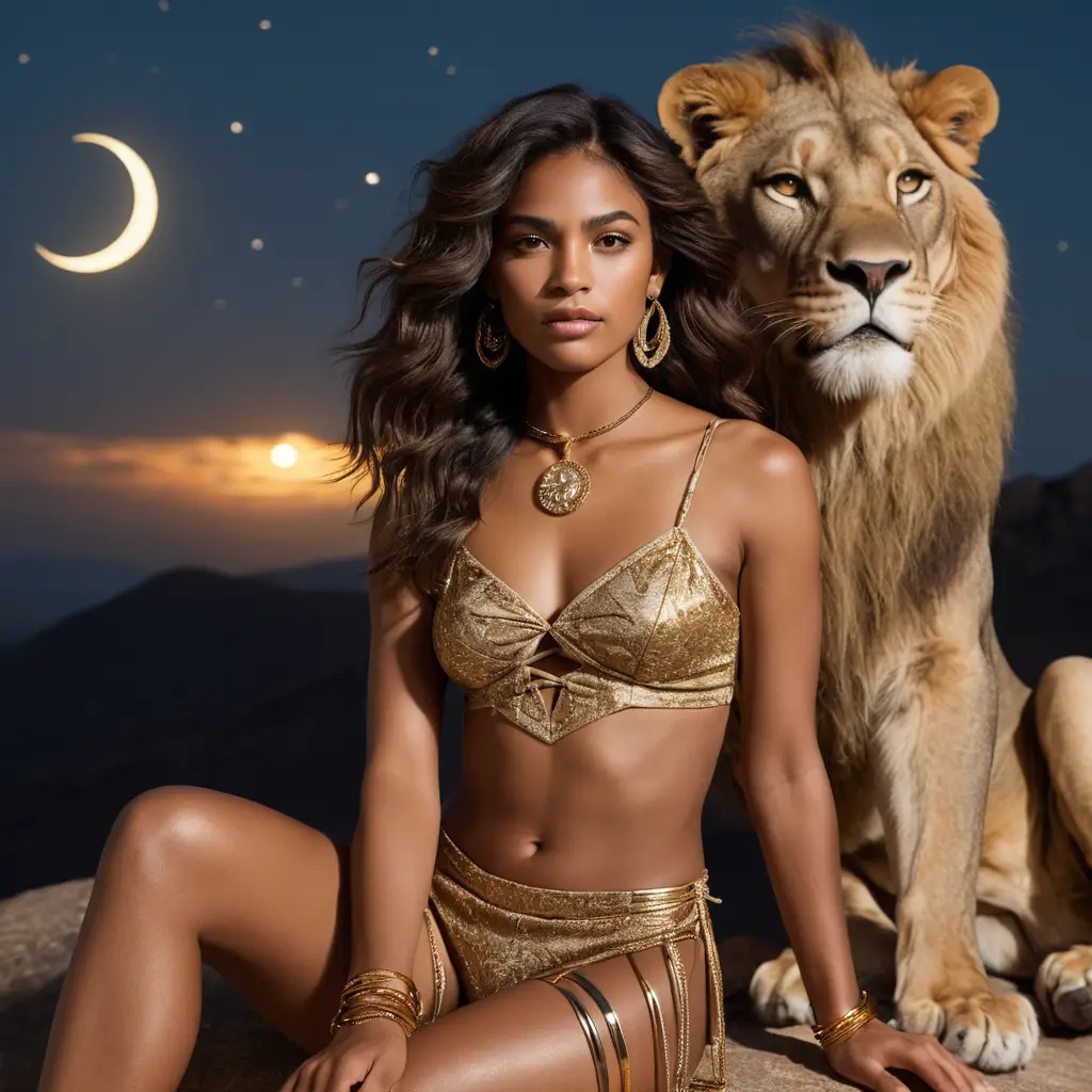 Lioness goddess reclining above glowing moonlit clouds