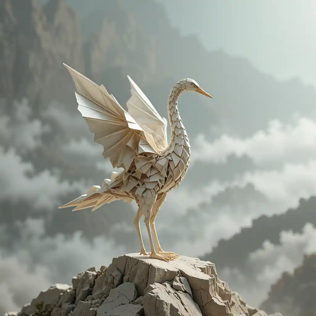 Delicate origami crane sculpture on a misty mountain peak