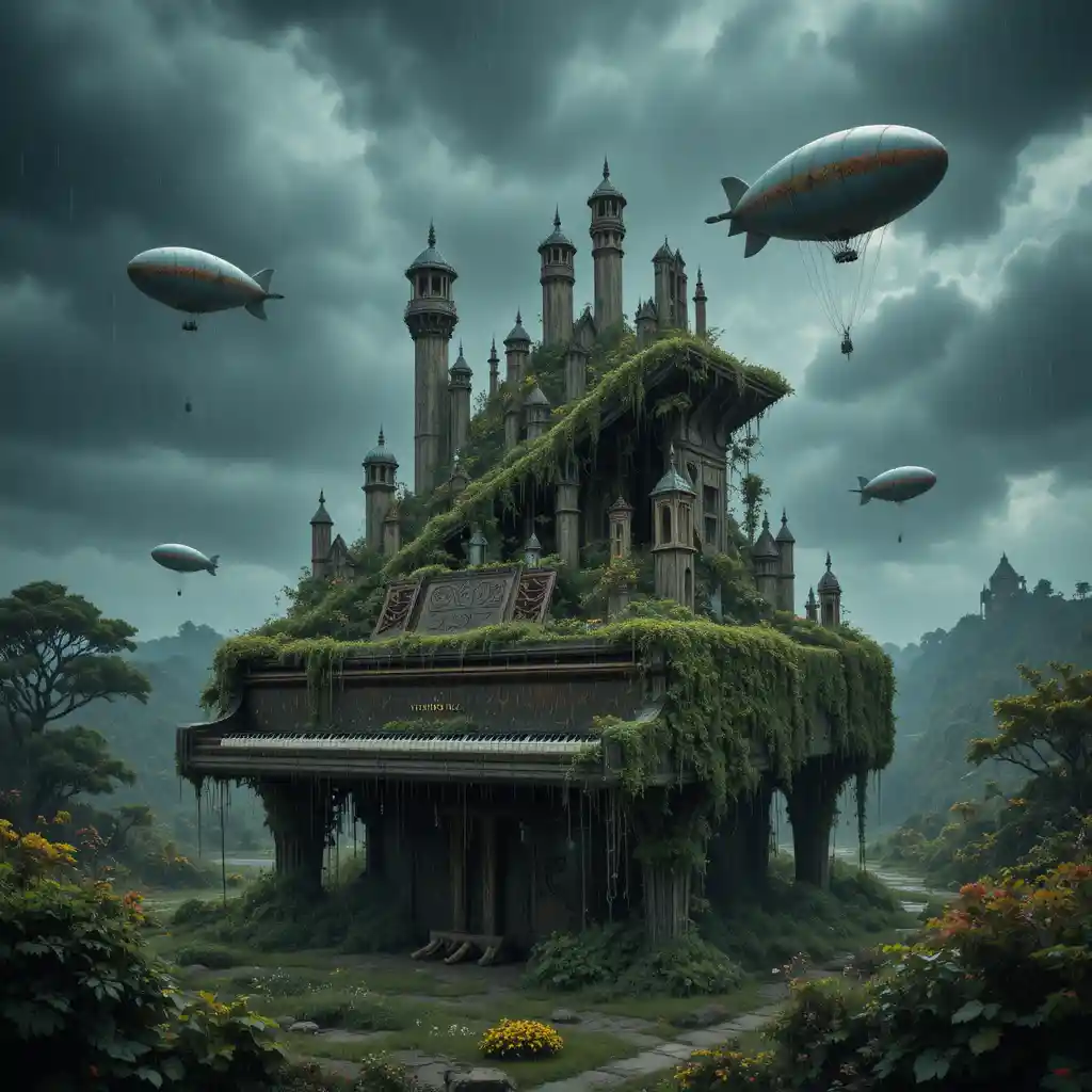 Ville-piano surréaliste aux touches envahies sous un ciel pluvieux
