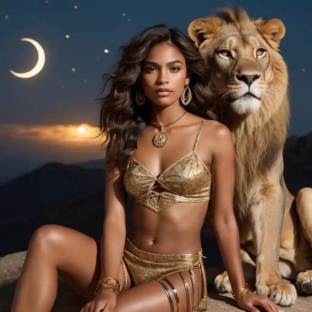 Lioness goddess reclining above glowing moonlit clouds