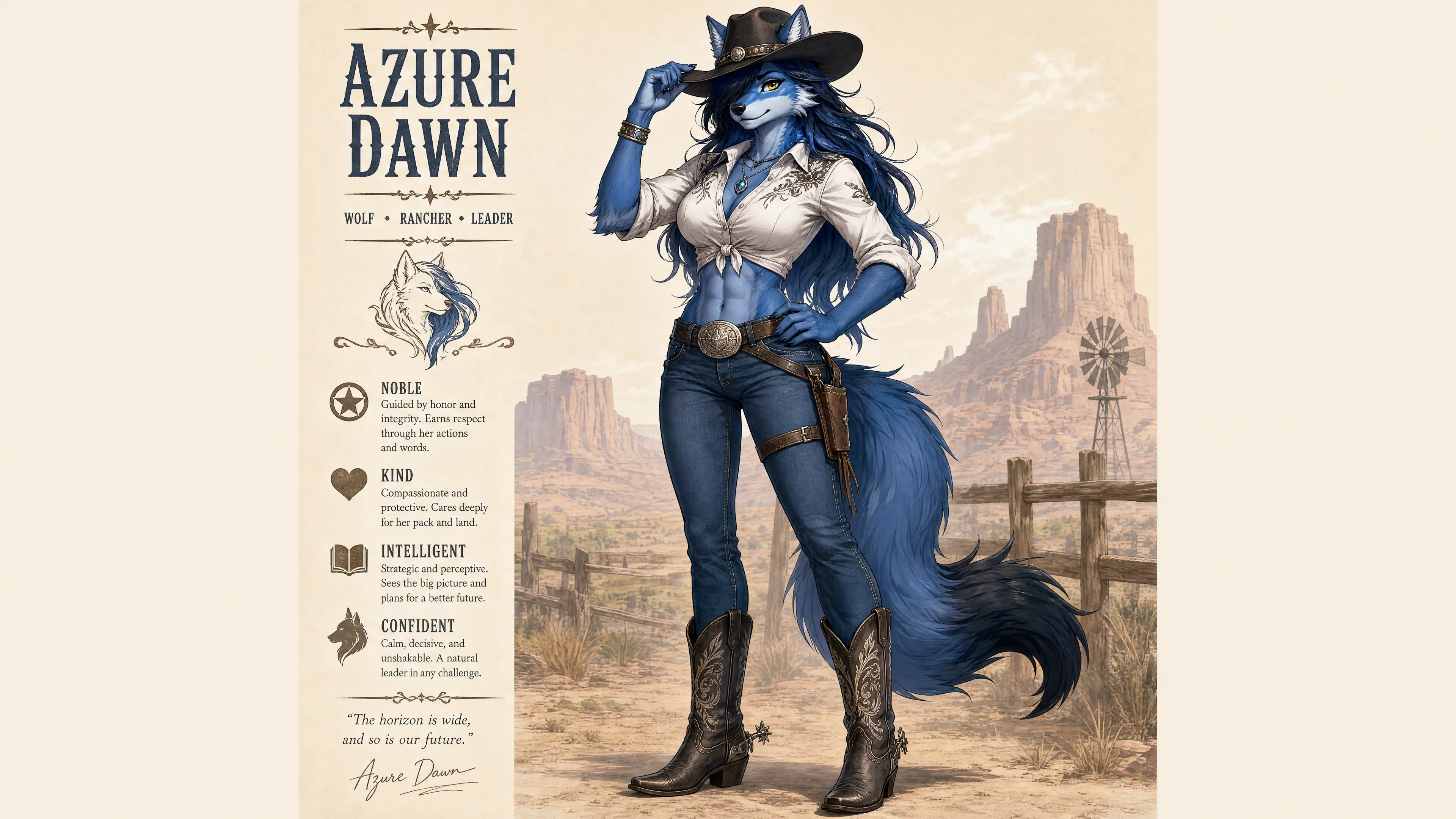 Anthro blue wolf cowgirl with hat jeans and boots