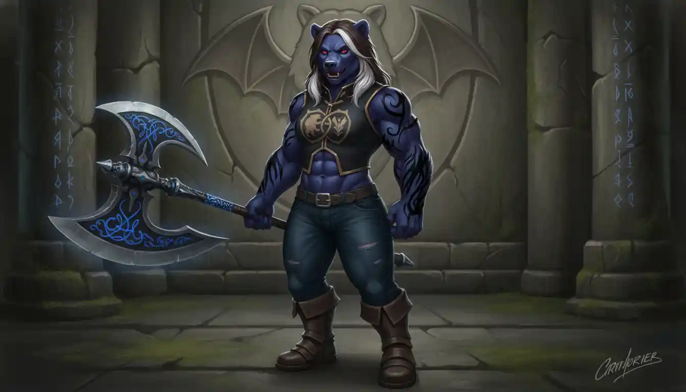 Vampiric blue fur warrior woman with abyssal bear features