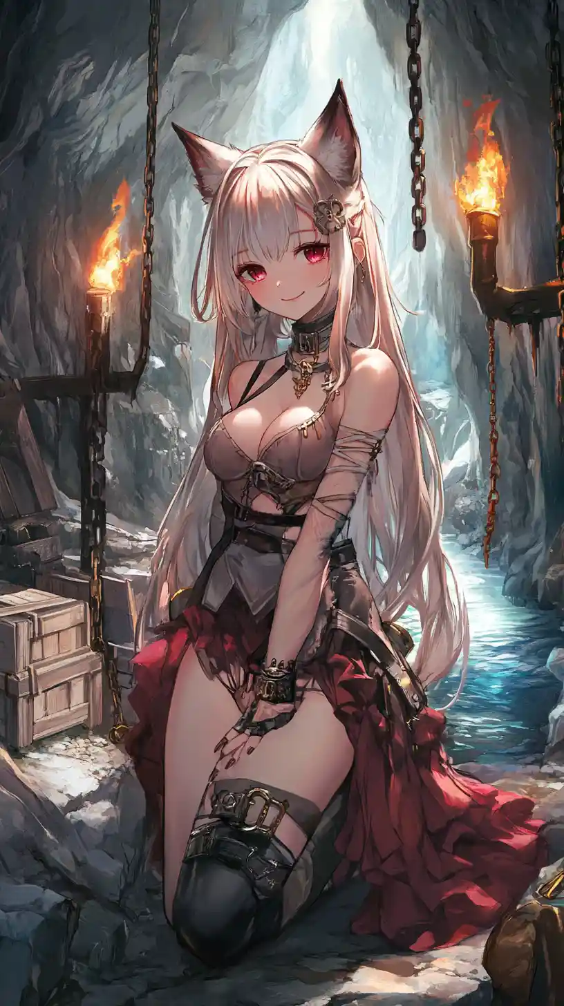 Anime girl in a torchlit white cave with water canal