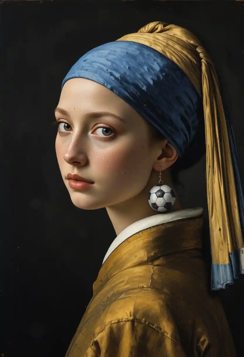 Girl portrait inspired by classic painting with soccer ball earring