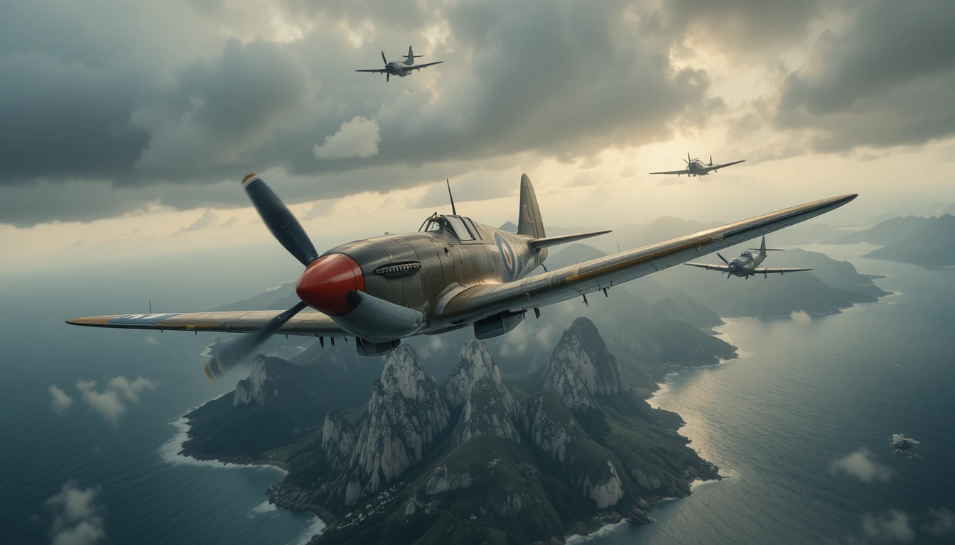 World War II fighter planes in combat over sea cliffs