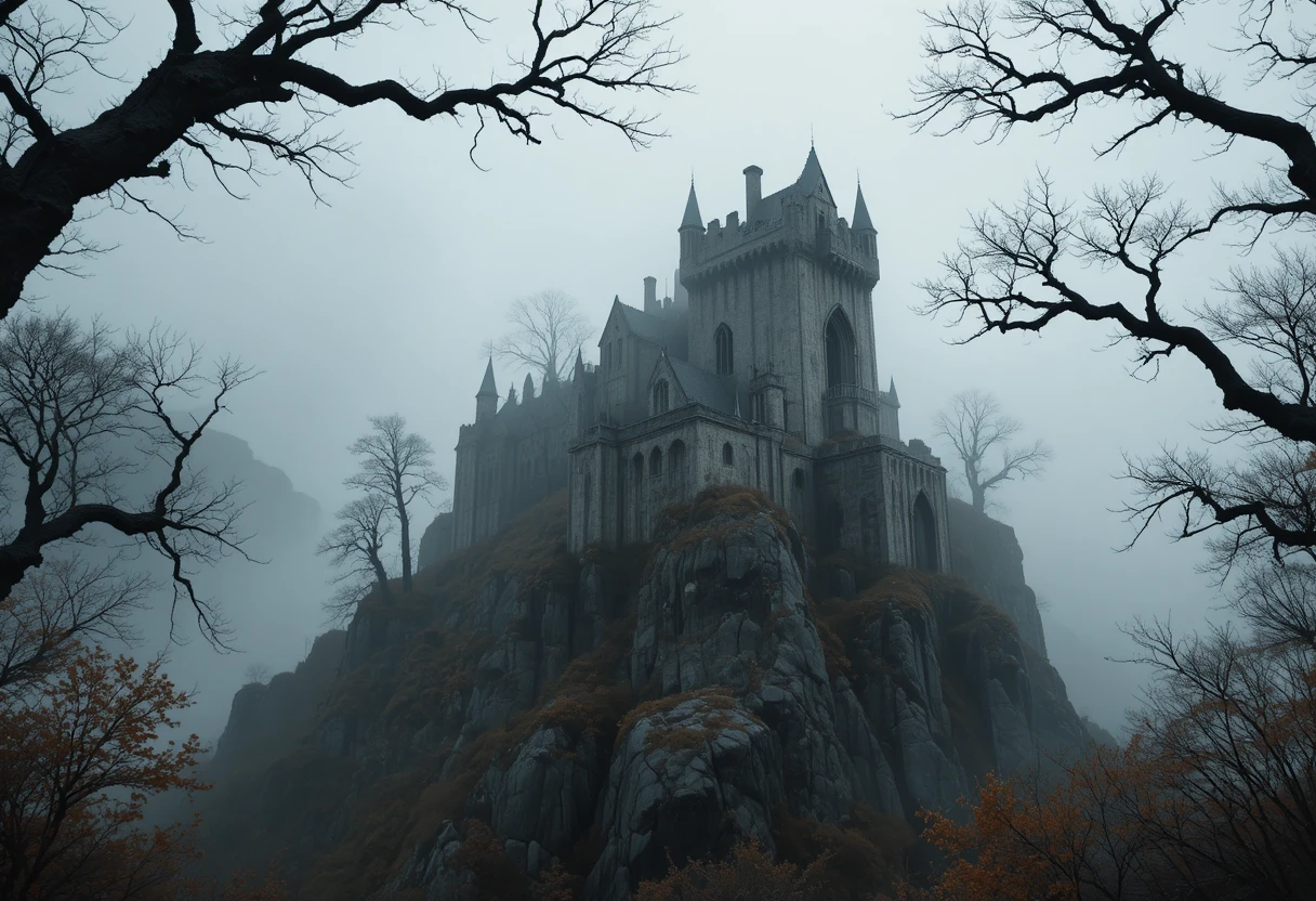 Moody Medieval Castle Ruins On A Foggy Rocky Cliff