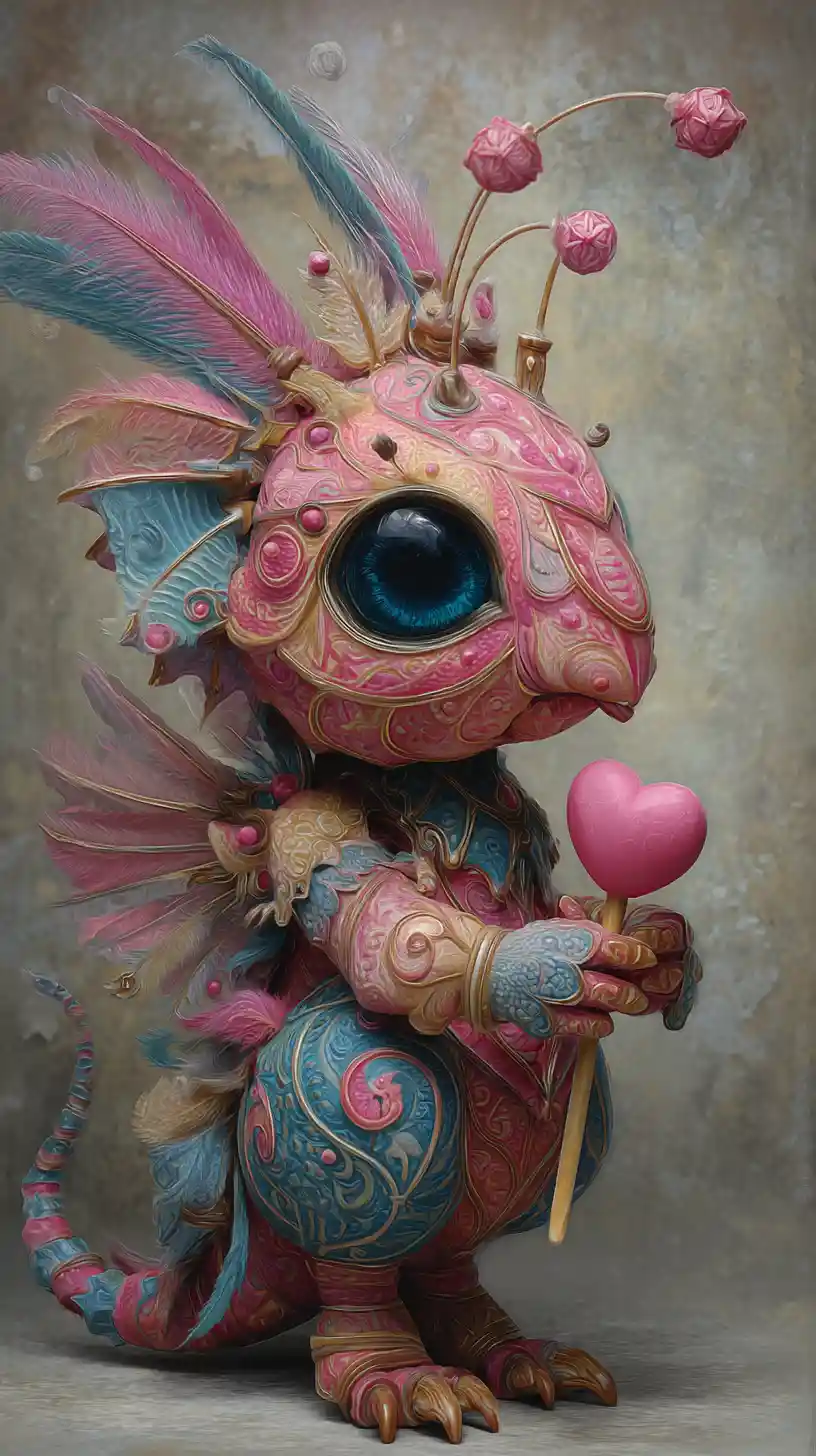 Whimsical fantasy creature with blue eyes and pink heart