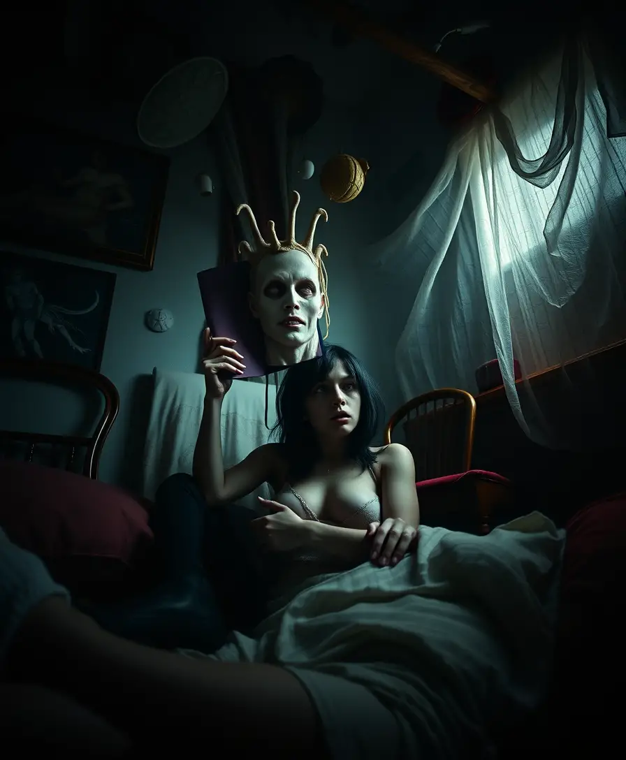 Surreal comic horror moment unfolding in the dark
