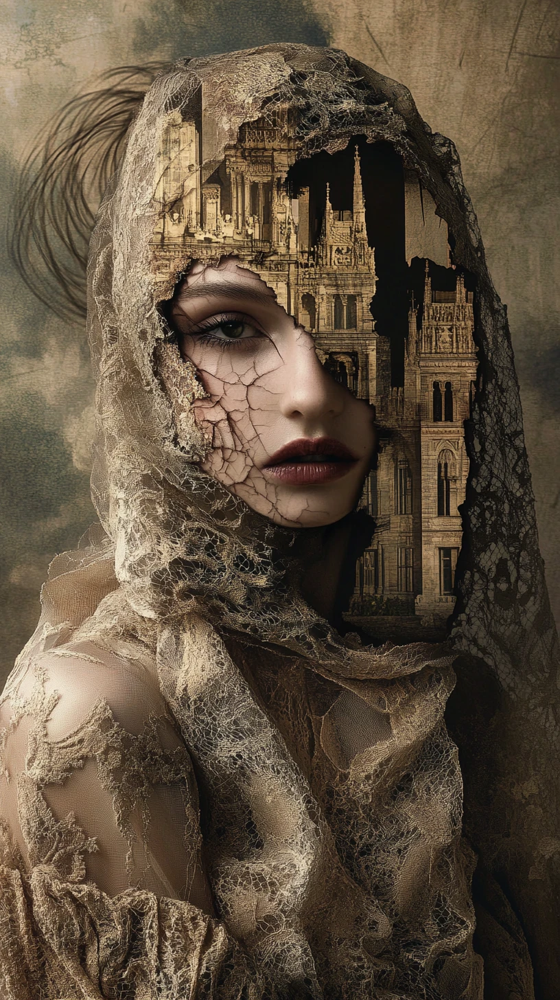 Surreal fashion model merging with a renaissance cityscape