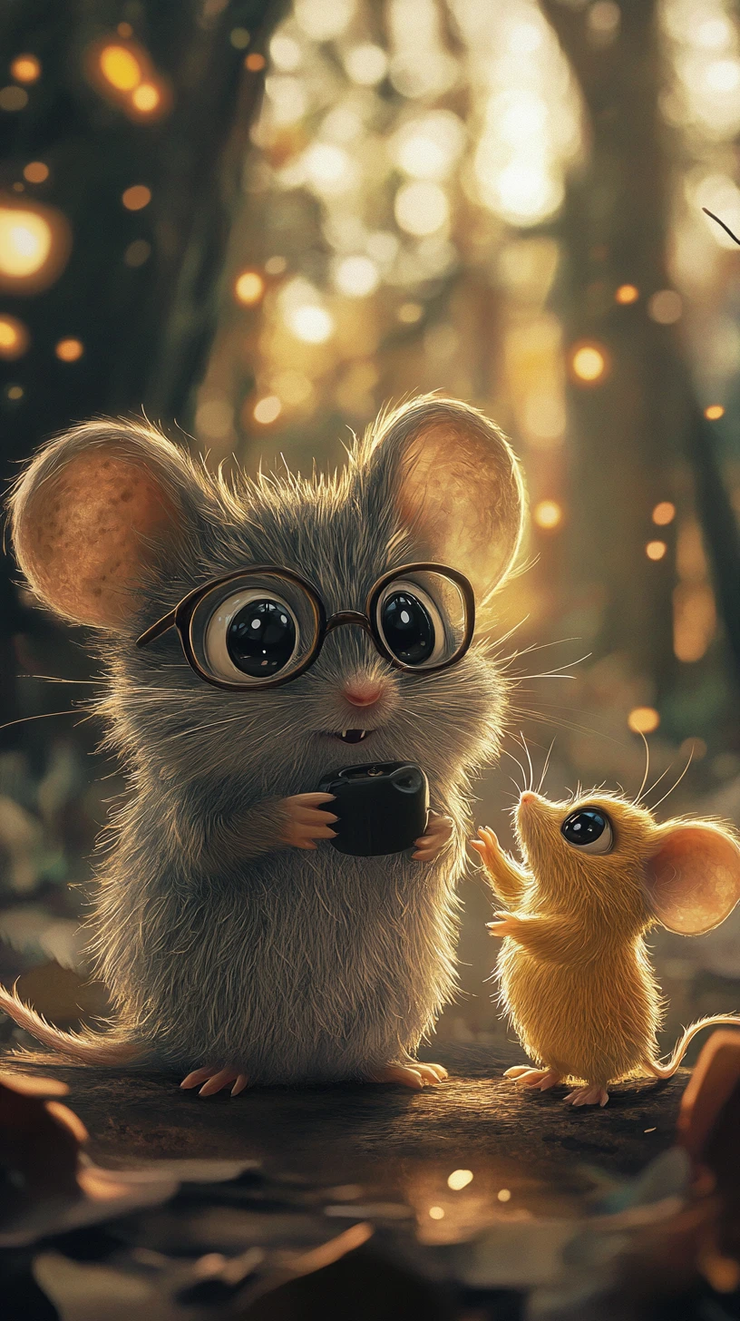 Curious cartoon mouse and tiny creature in glowing forest