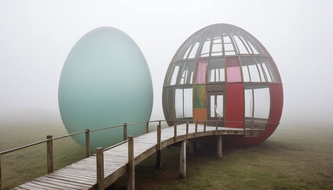 Surreal city of egg shaped houses emerging through soft fog
