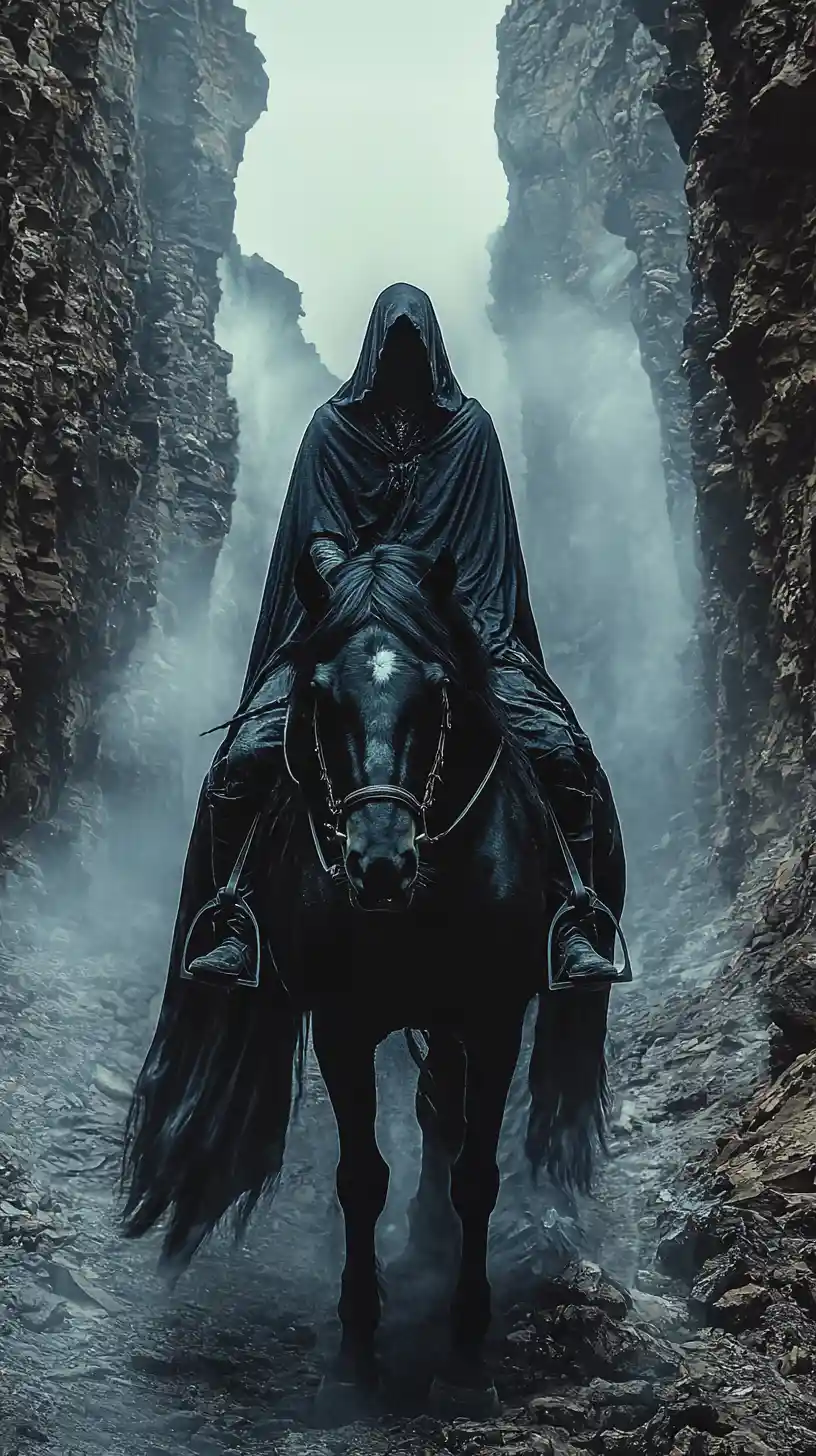Hooded rider on a black horse in a misty canyon