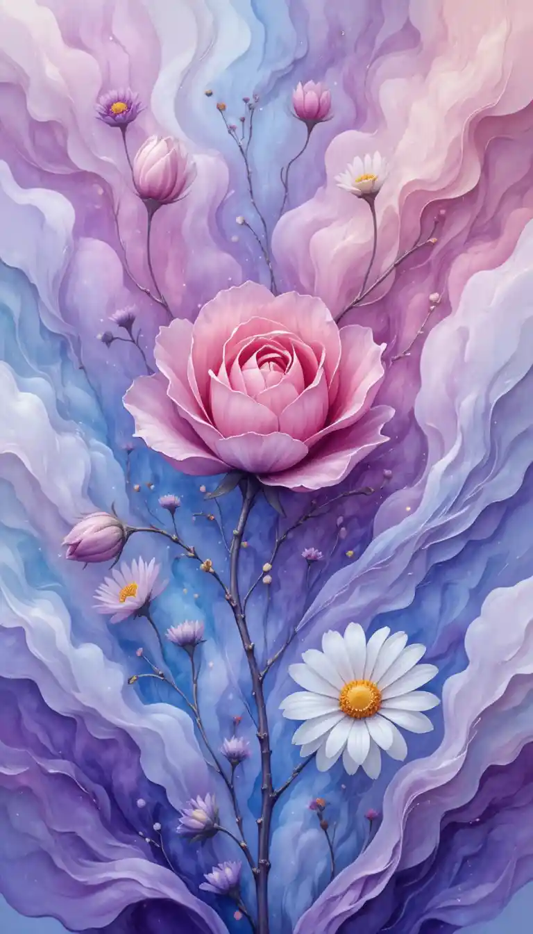 Delicate watercolor flowers dancing in a dreamy abstract sky