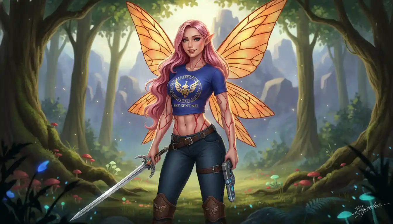 Orange winged fairy woman with pink hair and sword