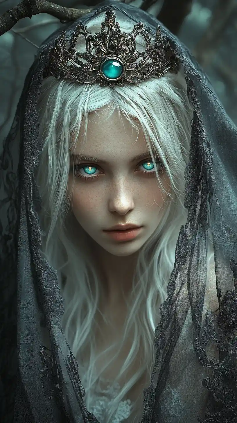 Ethereal crowned woman in a misty enchanted forest