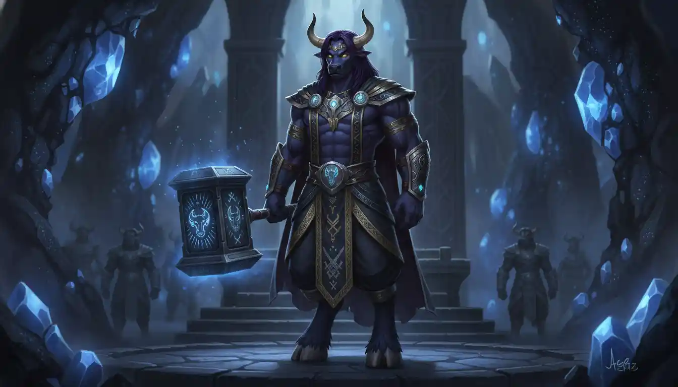 Regal dark blue minotaur king with war hammer and royal robes