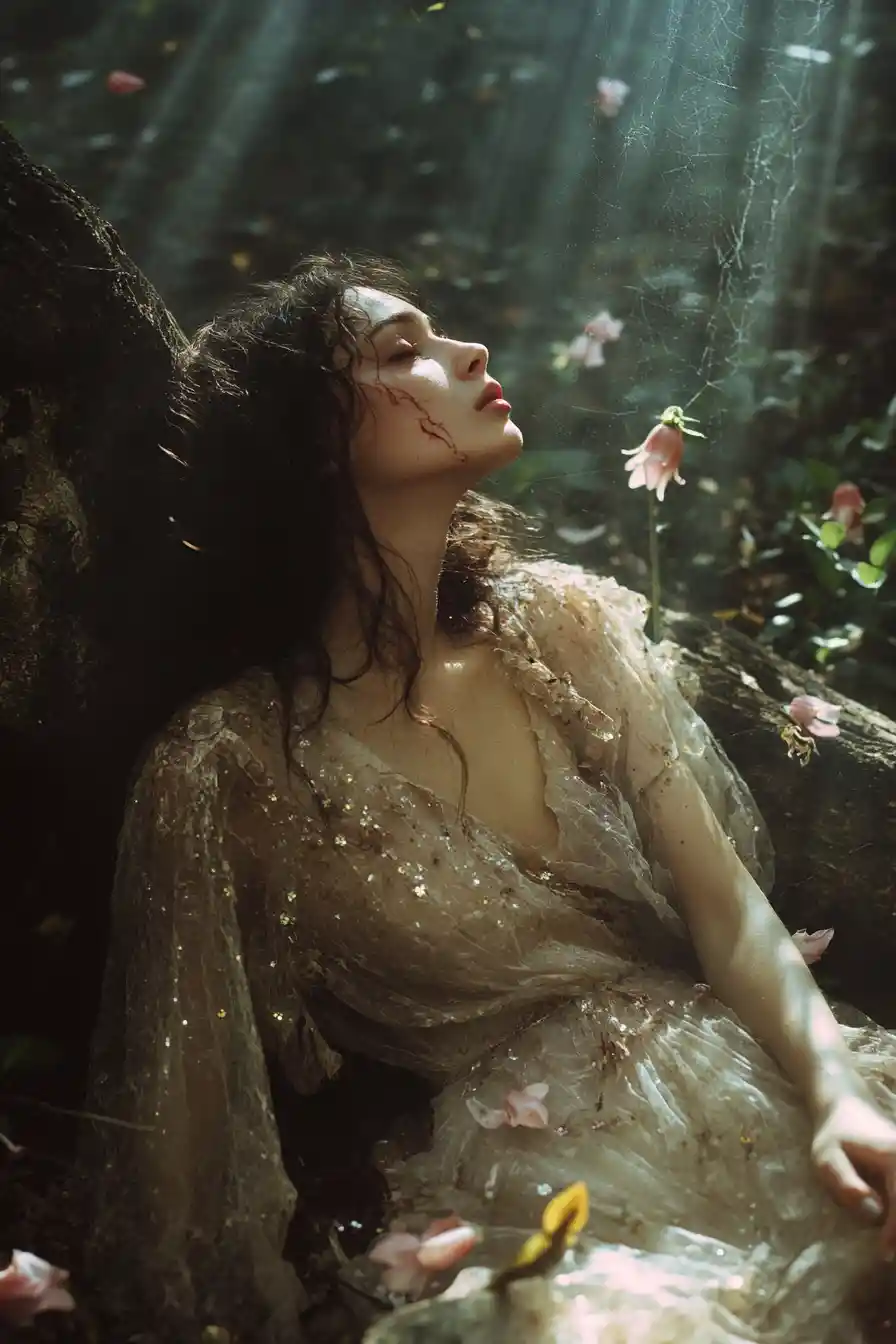 Mulher com vestido transparente rasgado apoiada em um tronco na floresta