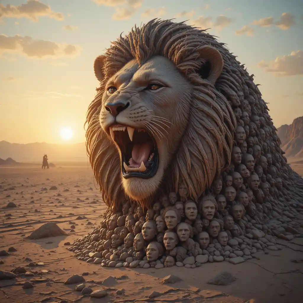 Majestic lion head formed by many roaring lion faces