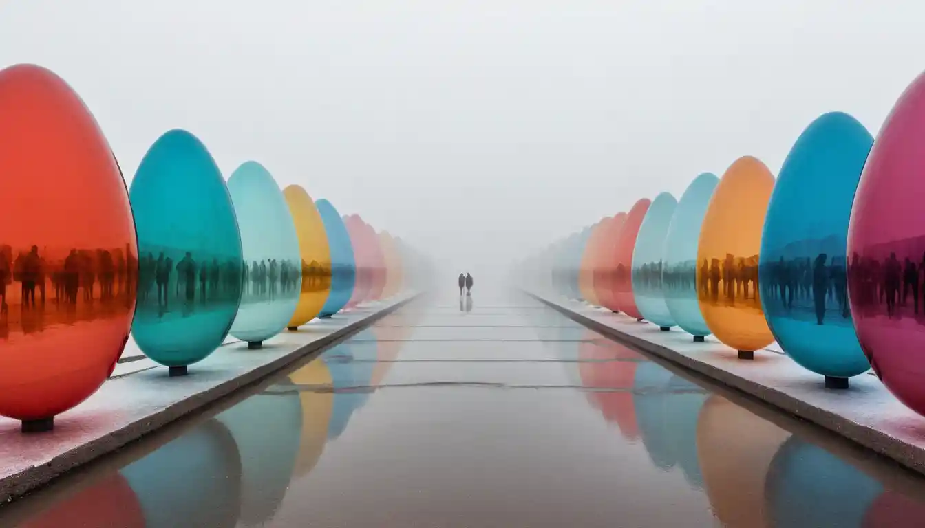 Surreale Stadt mit eiförmigen Häusern, die aus weichem Nebel auftauchen