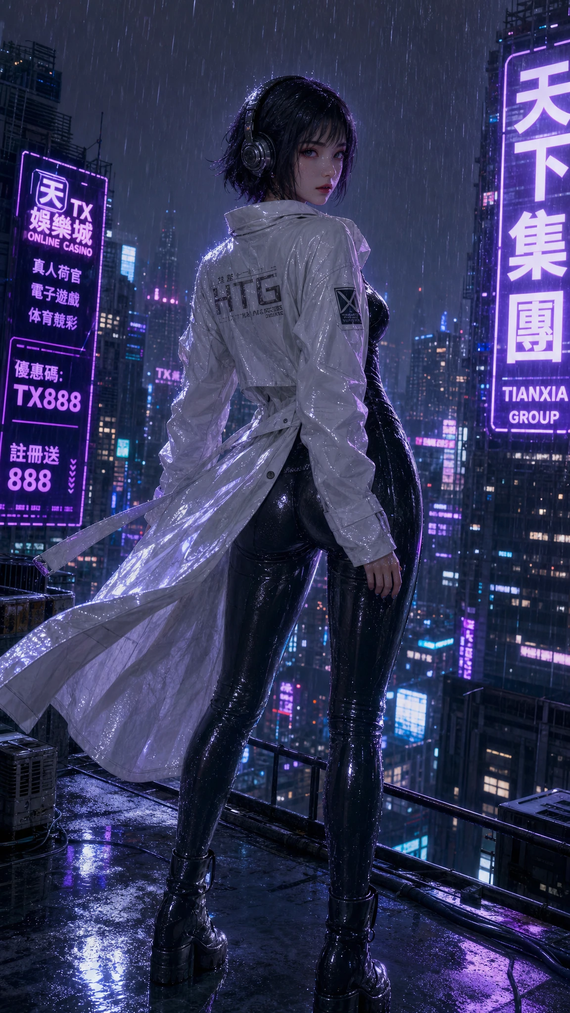 Anime woman on rainy cyberpunk rooftop at night